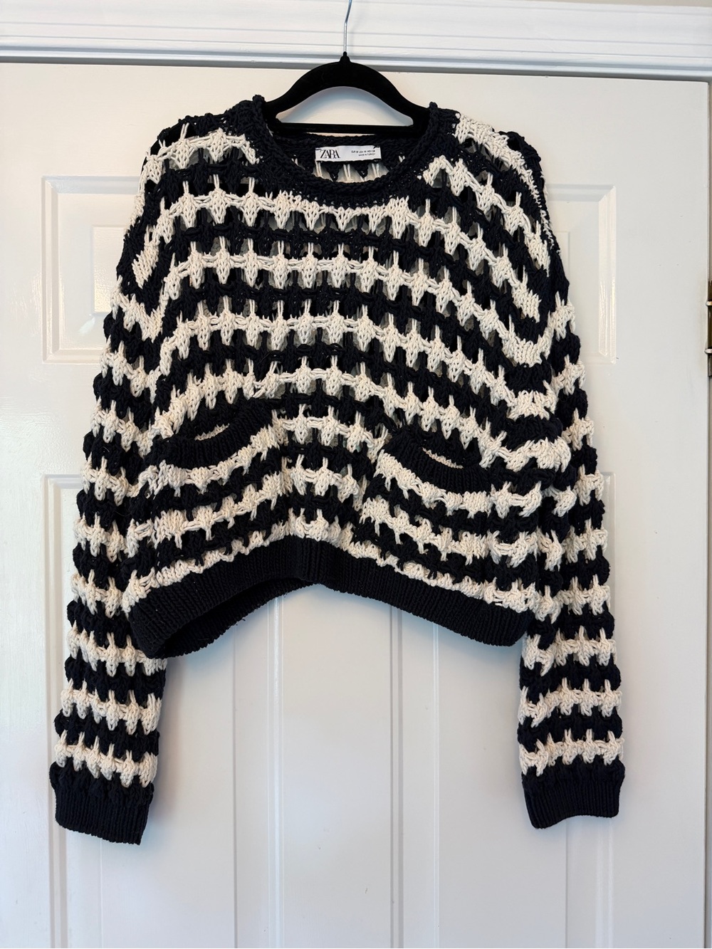 Zara Navy White Open Knit Striped Cropped Sweater Chunky Crochet Pullover